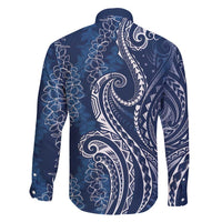 Polynesia Plumeria Lei Family Matching Long Sleeve Bodycon Dress and Hawaiian Shirt Navy Blue Curves Motif LT7 - Polynesian Pride