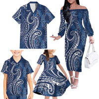 Polynesia Plumeria Lei Family Matching Off The Shoulder Long Sleeve Dress and Hawaiian Shirt Navy Blue Curves Motif