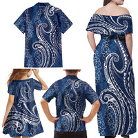 Polynesia Plumeria Lei Family Matching Off Shoulder Maxi Dress and Hawaiian Shirt Navy Blue Curves Motif LT7 - Polynesian Pride