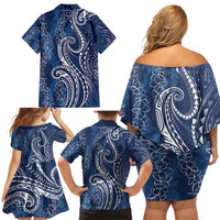 Polynesia Plumeria Lei Family Matching Off Shoulder Short Dress and Hawaiian Shirt Navy Blue Curves Motif LT7 - Polynesian Pride
