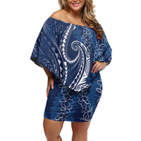 Polynesia Plumeria Lei Family Matching Off Shoulder Short Dress and Hawaiian Shirt Navy Blue Curves Motif LT7 Mom's Dress Navy Blue - Polynesian Pride