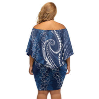 Polynesia Plumeria Lei Family Matching Off Shoulder Short Dress and Hawaiian Shirt Navy Blue Curves Motif LT7 - Polynesian Pride