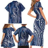 Polynesia Plumeria Lei Family Matching Short Sleeve Bodycon Dress and Hawaiian Shirt Navy Blue Curves Motif LT7 - Polynesian Pride