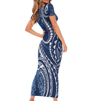 Polynesia Plumeria Lei Family Matching Short Sleeve Bodycon Dress and Hawaiian Shirt Navy Blue Curves Motif LT7 - Polynesian Pride