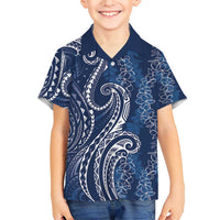 Polynesia Plumeria Lei Family Matching Short Sleeve Bodycon Dress and Hawaiian Shirt Navy Blue Curves Motif LT7 Son's Shirt Navy Blue - Polynesian Pride
