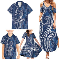Polynesia Plumeria Lei Family Matching Summer Maxi Dress and Hawaiian Shirt Navy Blue Curves Motif LT7 - Polynesian Pride