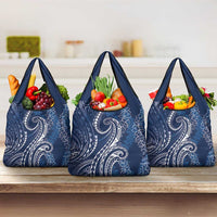 Polynesia Plumeria Lei Grocery Bag Navy Blue Curves Motif