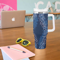Polynesia Plumeria Lei Tumbler With Handle Navy Blue Curves Motif