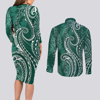 Polynesia Plumeria Lei Couples Matching Long Sleeve Bodycon Dress and Long Sleeve Button Shirt Sage Green Curves Motif