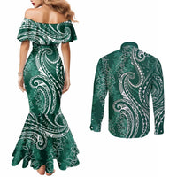 Polynesia Plumeria Lei Couples Matching Mermaid Dress and Long Sleeve Button Shirt Sage Green Curves Motif