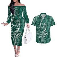 Polynesia Plumeria Lei Couples Matching Off The Shoulder Long Sleeve Dress and Hawaiian Shirt Sage Green Curves Motif