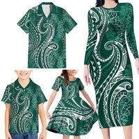 Polynesia Plumeria Lei Family Matching Long Sleeve Bodycon Dress and Hawaiian Shirt Sage Green Curves Motif LT7 - Polynesian Pride