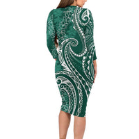 Polynesia Plumeria Lei Family Matching Long Sleeve Bodycon Dress and Hawaiian Shirt Sage Green Curves Motif LT7 - Polynesian Pride
