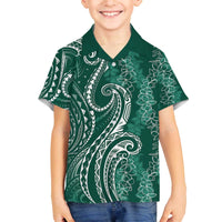 Polynesia Plumeria Lei Family Matching Off The Shoulder Long Sleeve Dress and Hawaiian Shirt Sage Green Curves Motif