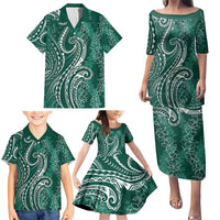 Polynesia Plumeria Lei Family Matching Puletasi and Hawaiian Shirt Sage Green Curves Motif LT7 - Polynesian Pride