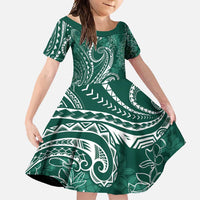 Polynesia Plumeria Lei Family Matching Short Sleeve Bodycon Dress and Hawaiian Shirt Sage Green Curves Motif LT7 Daughter's Dress Dark Green - Polynesian Pride