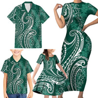 Polynesia Plumeria Lei Family Matching Short Sleeve Bodycon Dress and Hawaiian Shirt Sage Green Curves Motif LT7 - Polynesian Pride