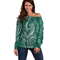 Polynesia Plumeria Lei Off Shoulder Sweater Sage Green Curves Motif