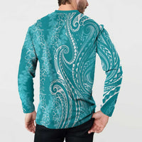 Polynesia Plumeria Lei Button Sweatshirt Teal Curves Motif