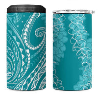 Polynesia Plumeria Lei 4 in 1 Can Cooler Tumbler Teal Curves Motif