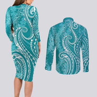 Polynesia Plumeria Lei Couples Matching Long Sleeve Bodycon Dress and Long Sleeve Button Shirt Teal Curves Motif