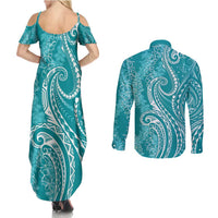 Polynesia Plumeria Lei Couples Matching Summer Maxi Dress and Long Sleeve Button Shirt Teal Curves Motif