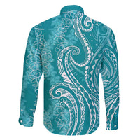 Polynesia Plumeria Lei Family Matching Long Sleeve Bodycon Dress and Hawaiian Shirt Teal Curves Motif LT7 - Polynesian Pride