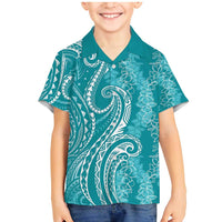 Polynesia Plumeria Lei Family Matching Mermaid Dress and Hawaiian Shirt Teal Curves Motif LT7 Son's Shirt Teal - Polynesian Pride