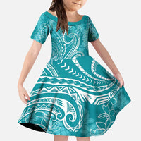 Polynesia Plumeria Lei Family Matching Off Shoulder Maxi Dress and Hawaiian Shirt Teal Curves Motif LT7 Daughter's Dress Teal - Polynesian Pride