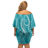 Polynesia Plumeria Lei Family Matching Off Shoulder Short Dress and Hawaiian Shirt Teal Curves Motif LT7 - Polynesian Pride