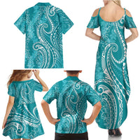 Polynesia Plumeria Lei Family Matching Summer Maxi Dress and Hawaiian Shirt Teal Curves Motif LT7 - Polynesian Pride