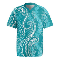 Polynesia Plumeria Lei Rugby Jersey Teal Curves Motif