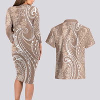 Polynesia Plumeria Lei Couples Matching Long Sleeve Bodycon Dress and Hawaiian Shirt Beige Curves Motif