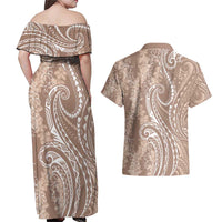 Polynesia Plumeria Lei Couples Matching Off Shoulder Maxi Dress and Hawaiian Shirt Beige Curves Motif