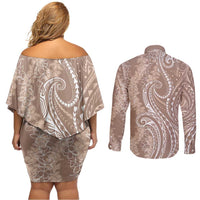 Polynesia Plumeria Lei Couples Matching Off Shoulder Short Dress and Long Sleeve Button Shirt Beige Curves Motif LT7 - Polynesian Pride