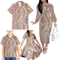 Polynesia Plumeria Lei Family Matching Off The Shoulder Long Sleeve Dress and Hawaiian Shirt Beige Curves Motif