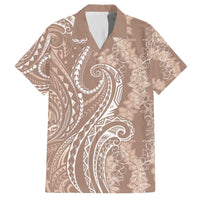 Polynesia Plumeria Lei Family Matching Off The Shoulder Long Sleeve Dress and Hawaiian Shirt Beige Curves Motif