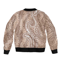 Polynesia Plumeria Lei Sleeve Zip Bomber Jacket Beige Curves Motif