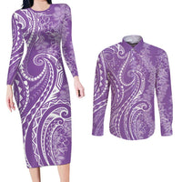 Polynesia Plumeria Lei Couples Matching Long Sleeve Bodycon Dress and Long Sleeve Button Shirt Periwinkle Curves Motif