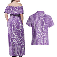 Polynesia Plumeria Lei Couples Matching Off Shoulder Maxi Dress and Hawaiian Shirt Periwinkle Curves Motif