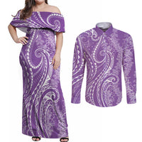 Polynesia Plumeria Lei Couples Matching Off Shoulder Maxi Dress and Long Sleeve Button Shirt Periwinkle Curves Motif