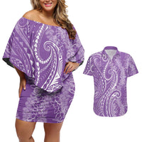 Polynesia Plumeria Lei Couples Matching Off Shoulder Short Dress and Hawaiian Shirt Periwinkle Curves Motif