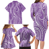 Polynesia Plumeria Lei Family Matching Long Sleeve Bodycon Dress and Hawaiian Shirt Periwinkle Curves Motif