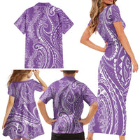 Polynesia Plumeria Lei Family Matching Short Sleeve Bodycon Dress and Hawaiian Shirt Periwinkle Curves Motif