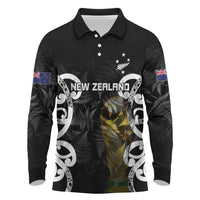 New Zealand WC2026 Custom Black Long Sleeve Polo Shirt Silver Fern LT7 Black - Polynesian Pride