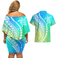 Polynesian Pride Couples Matching Off Shoulder Short Dress and Hawaiian Shirt Turtle Hibiscus Luxury Style - Gradient Blue LT7 - Polynesian Pride