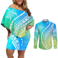 Polynesian Pride Couples Matching Off Shoulder Short Dress and Long Sleeve Button Shirts Turtle Hibiscus Luxury Style - Gradient Blue LT7 Blue Green - Polynesian Pride