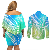 Polynesian Pride Couples Matching Off Shoulder Short Dress and Long Sleeve Button Shirts Turtle Hibiscus Luxury Style - Gradient Blue LT7 - Polynesian Pride