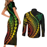 Polynesian Pride Couples Matching Short Sleeve Bodycon Dress and Long Sleeve Button Shirts Turtle Hibiscus Luxury Style - Reggae Ver2 LT7 - Polynesian Pride