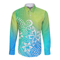 Polynesia Long Sleeve Button Shirt Plumeria Blue Gradient Curves LT7 Unisex Blue Green - Polynesian Pride